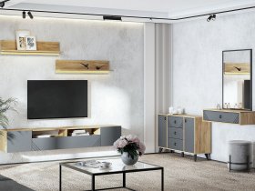 Модульная гостиная Байкал (дуб крафт золотой/графит) в Горном - gornyj.mebel-nsk.ru | фото