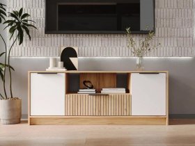 Тумба под ТВ  ТМ-001 Ивис (дуб крафт золотой/белый) в Горном - gornyj.mebel-nsk.ru | фото